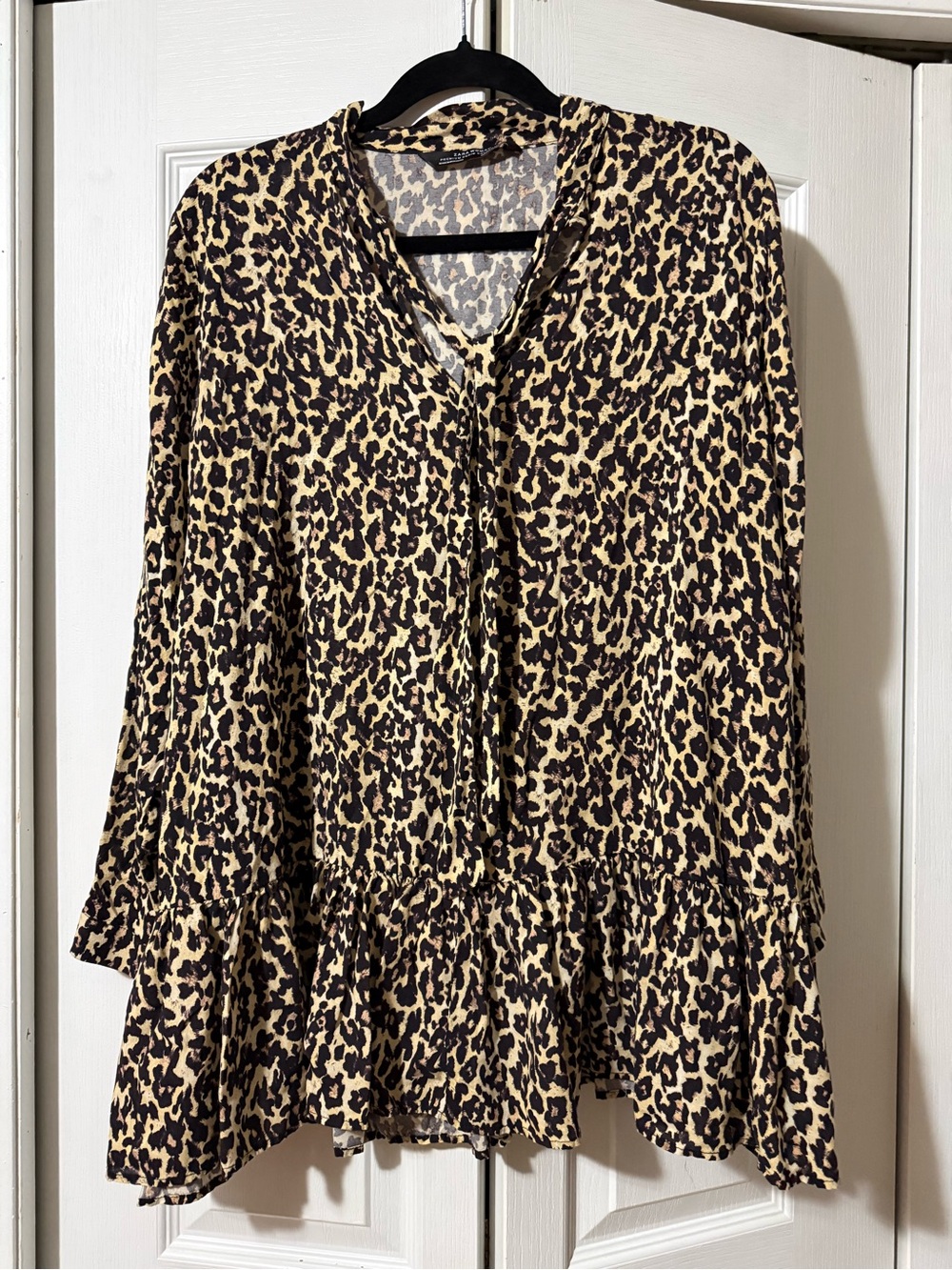 Zara Leopard Print V-Neck Ruffle Blouse with Neck Tie - XL